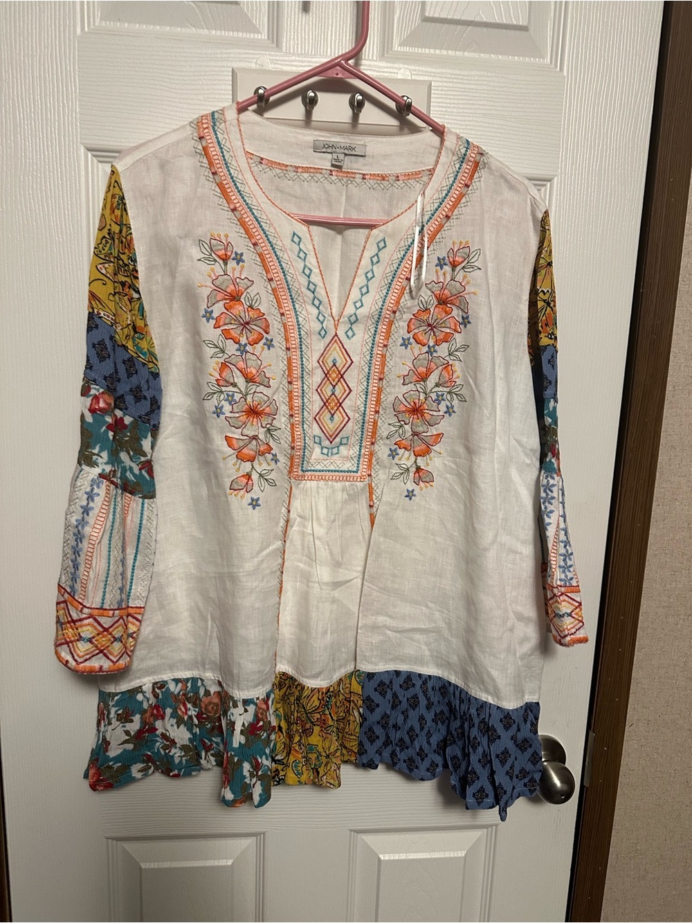 John Mark White A-Line Skirt with Embroidered Floral Yoke and Colorful Patchwork
